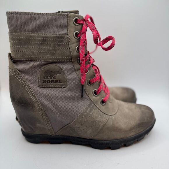 Sorel Gray Lexie Wedge Boots Women's Size 10 NL3046‎ EUC Grey Pink Lace - Picture 2 of 11